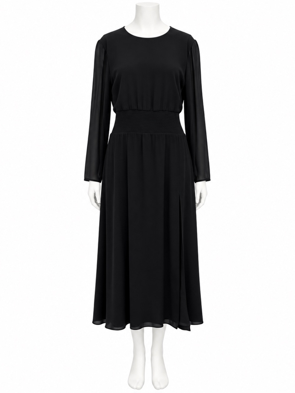 Aritzia Wilfred Black Long-Sleeve Smocked Waist Midi Dress Size M
